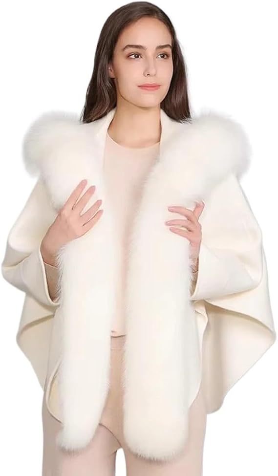 Reversible Faux Wool Coat with Faux Fur Trim - Women's Cashmere Blend Cape for Autumn Winter Fashion Outerwear(Onecolor)
