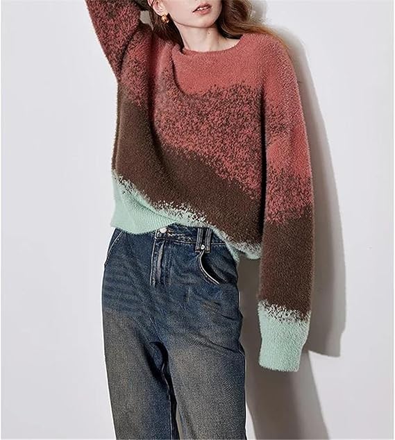 Women's Cozy Gradient Knit Sweater Round Neck Long Sleeve Woolen Soft Warm Pullover Loose Winter Fashion Tops