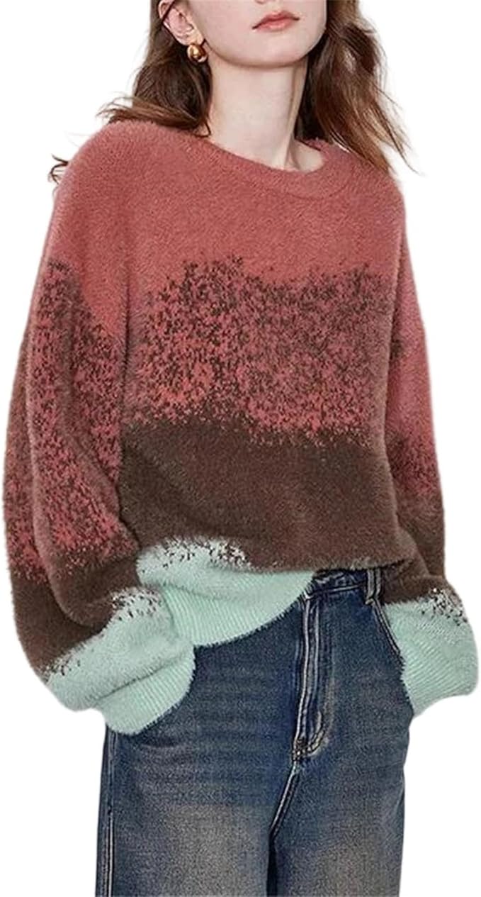 Women's Cozy Gradient Knit Sweater Round Neck Long Sleeve Woolen Soft Warm Pullover Loose Winter Fashion Tops